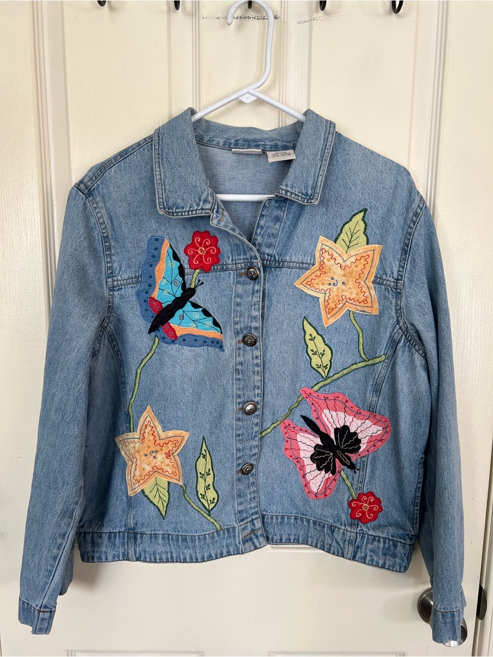 Y2K  Embroidered Butterfly Floral Denim Jacket Women’s L 12/14